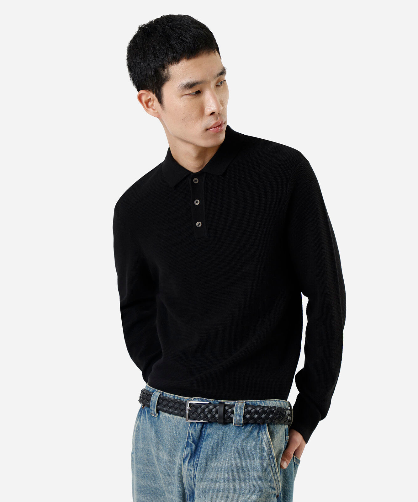 polo masculina de tricot manga longa texturizado preta