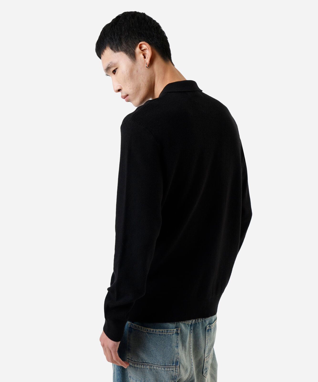 polo masculina de tricot manga longa texturizado preta