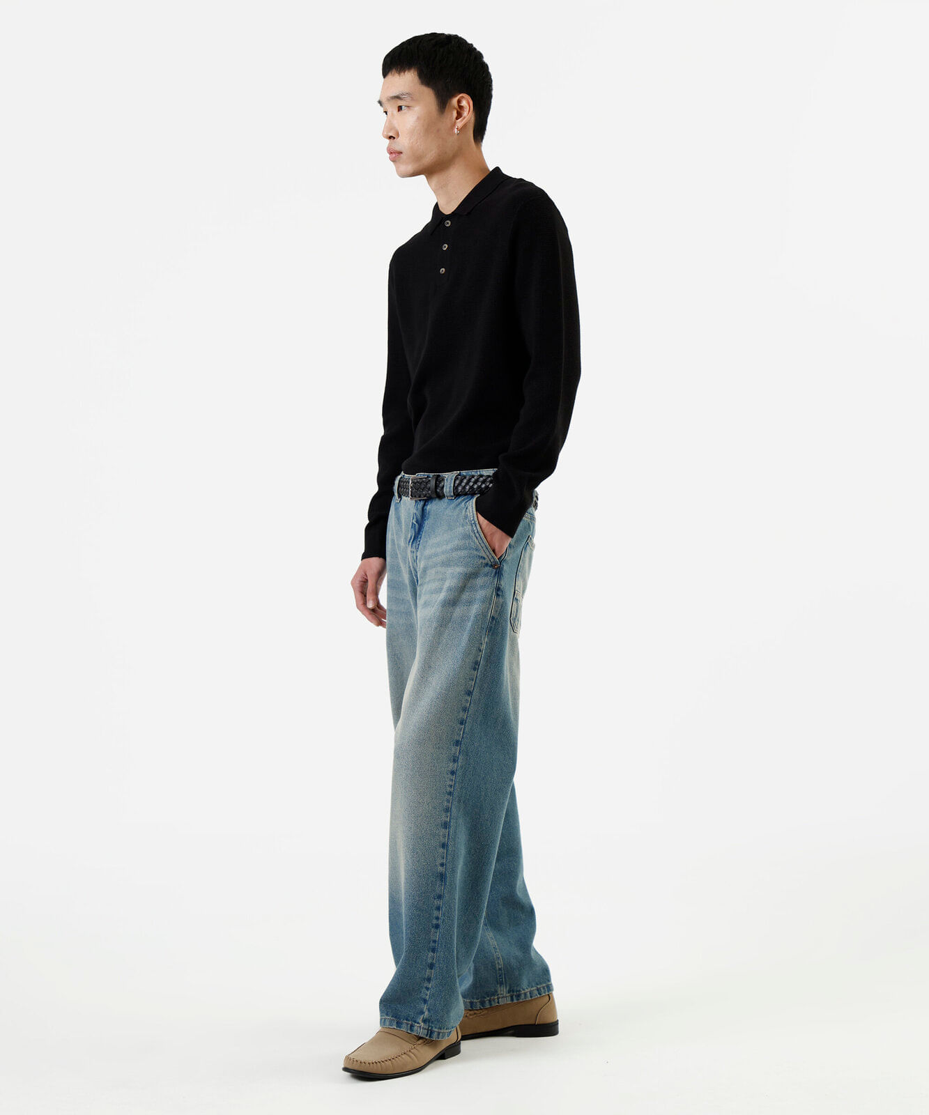 polo masculina de tricot manga longa texturizado preta