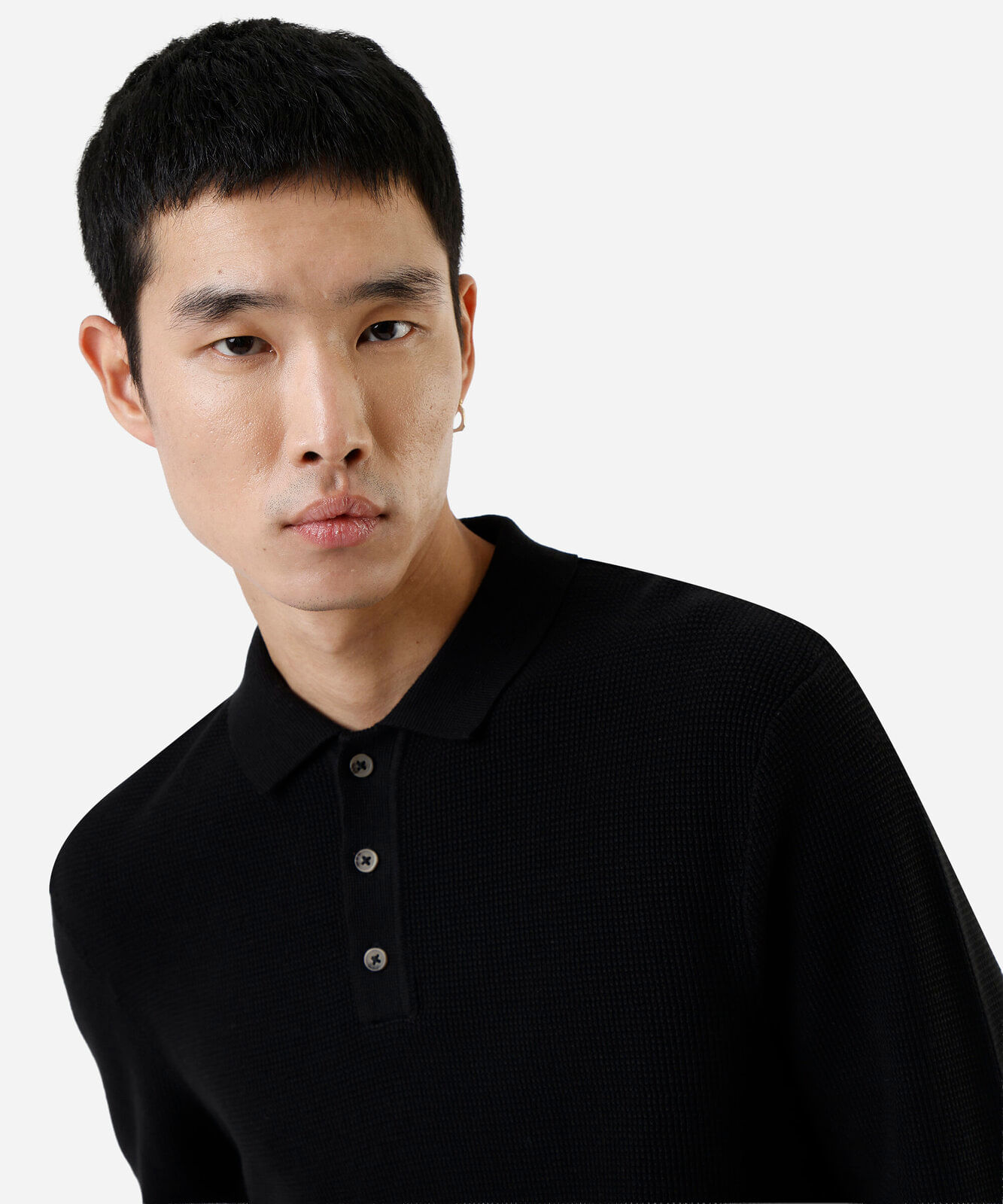 polo masculina de tricot manga longa texturizado preta