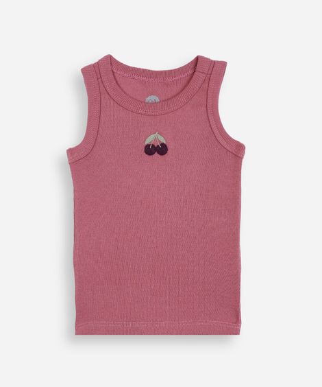 regata infantil de algodão com bordado cereja canelada rosa