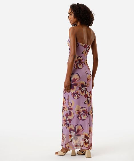 vestido midi sem alça feminino de tule franzido floral lilás