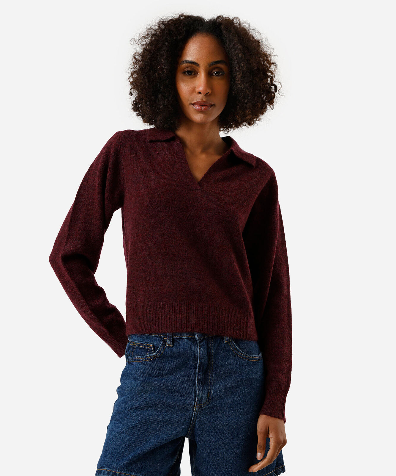 polo básica feminina de tricot manga longa vinho