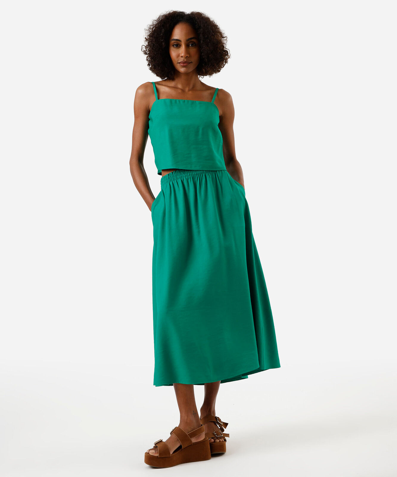 saia midi feminina com viscose cós elástico verde