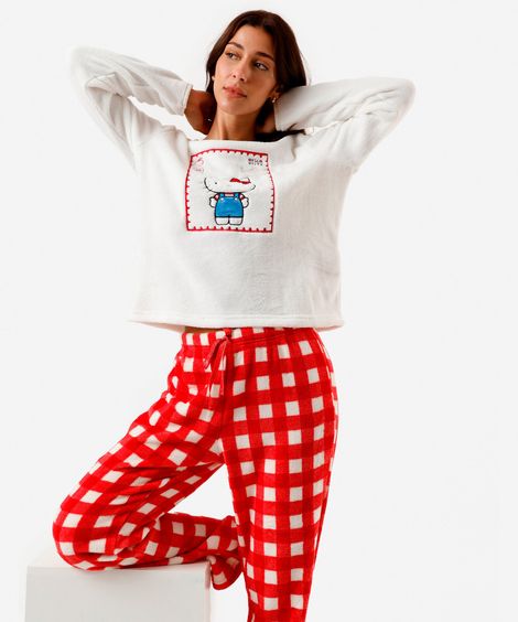 pijama longo feminino de fleece hello kitty off white