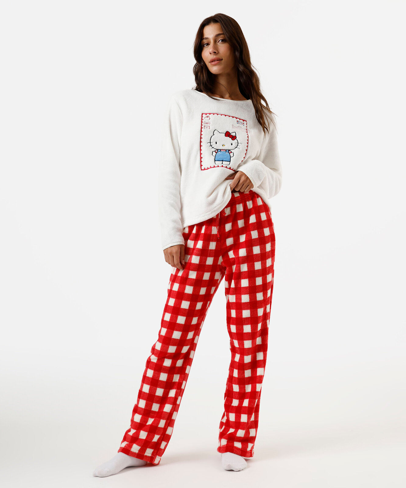 pijama longo feminino de fleece hello kitty off white