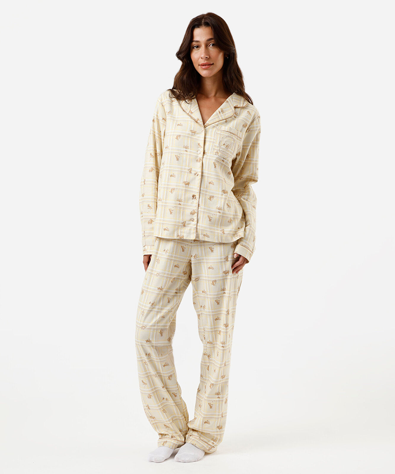 pijama longo americano feminino de algodão ursinho pooh bege