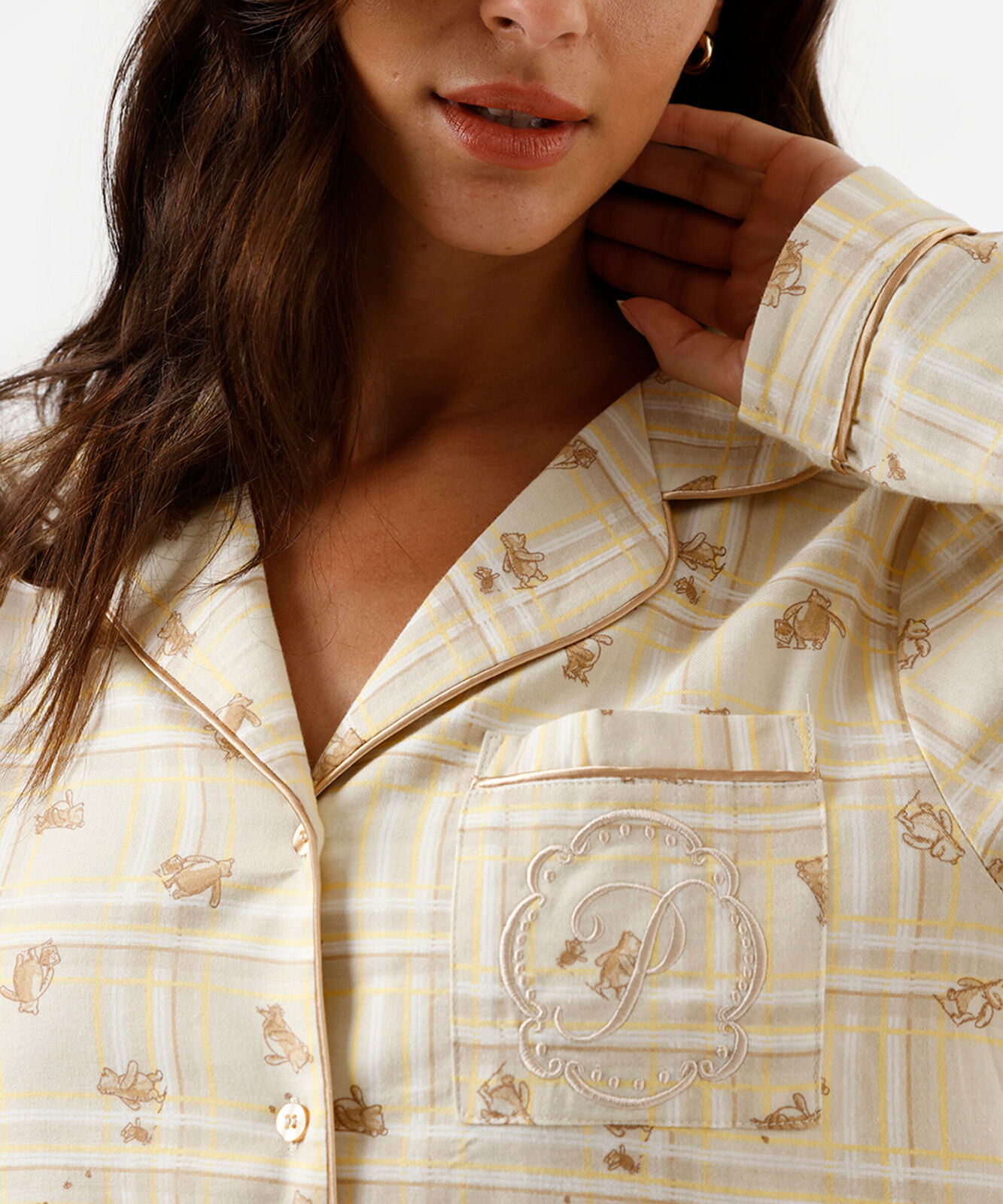 pijama longo americano feminino de algodão ursinho pooh bege