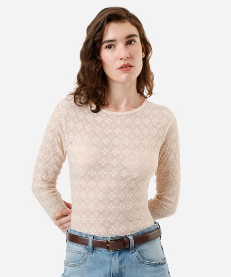 body feminino de renda decote redondo manga longa floral bege
