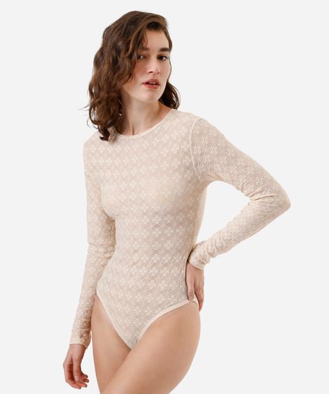 body feminino de renda decote redondo manga longa floral bege