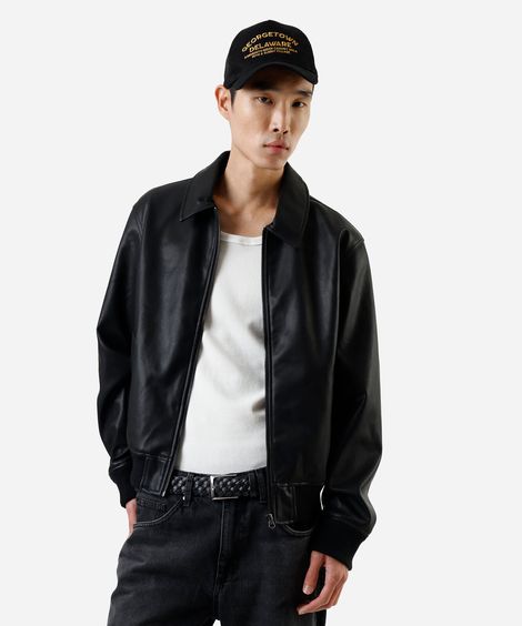 jaqueta bomber masculina de pu com bolsos preta