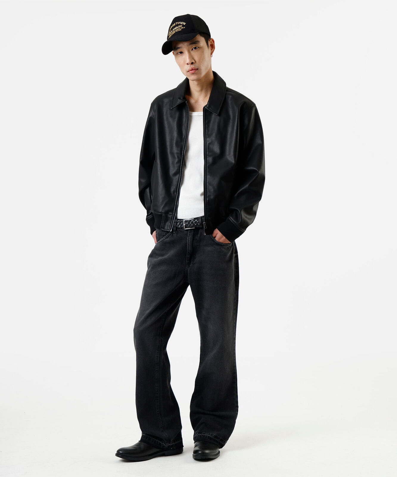jaqueta bomber masculina de pu com bolsos preta