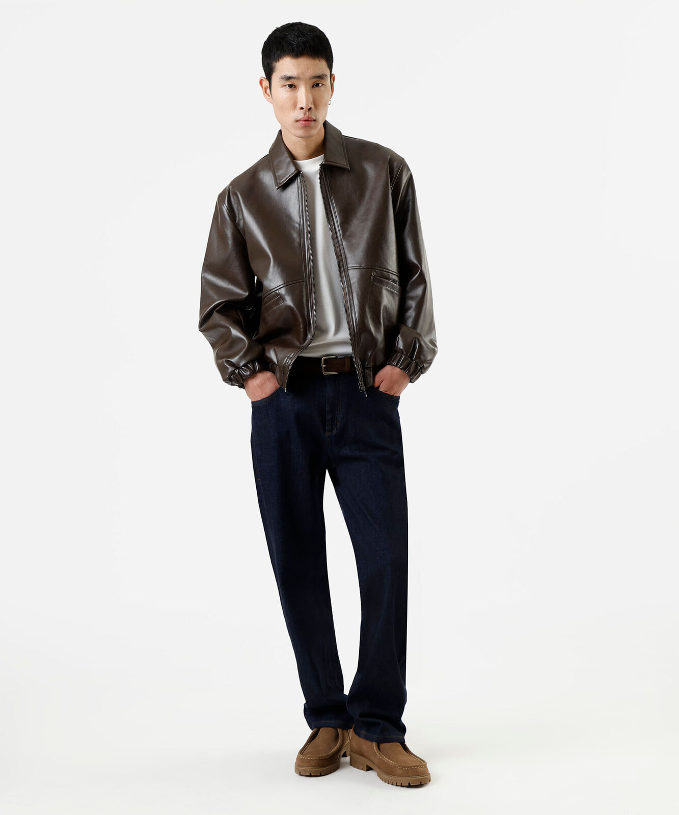 jaqueta masculina de pu com bolsos marrom
