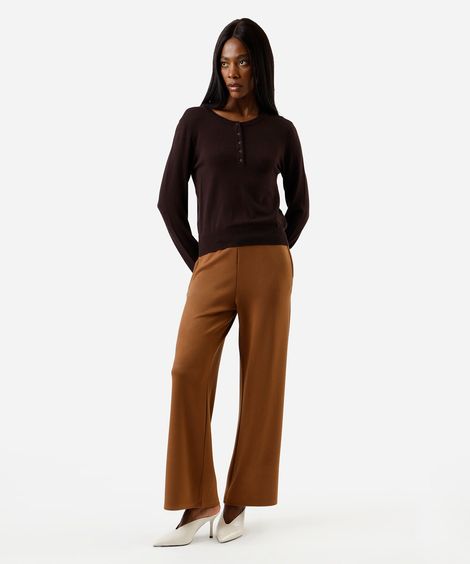 calça reta básica feminina cós elástico bege