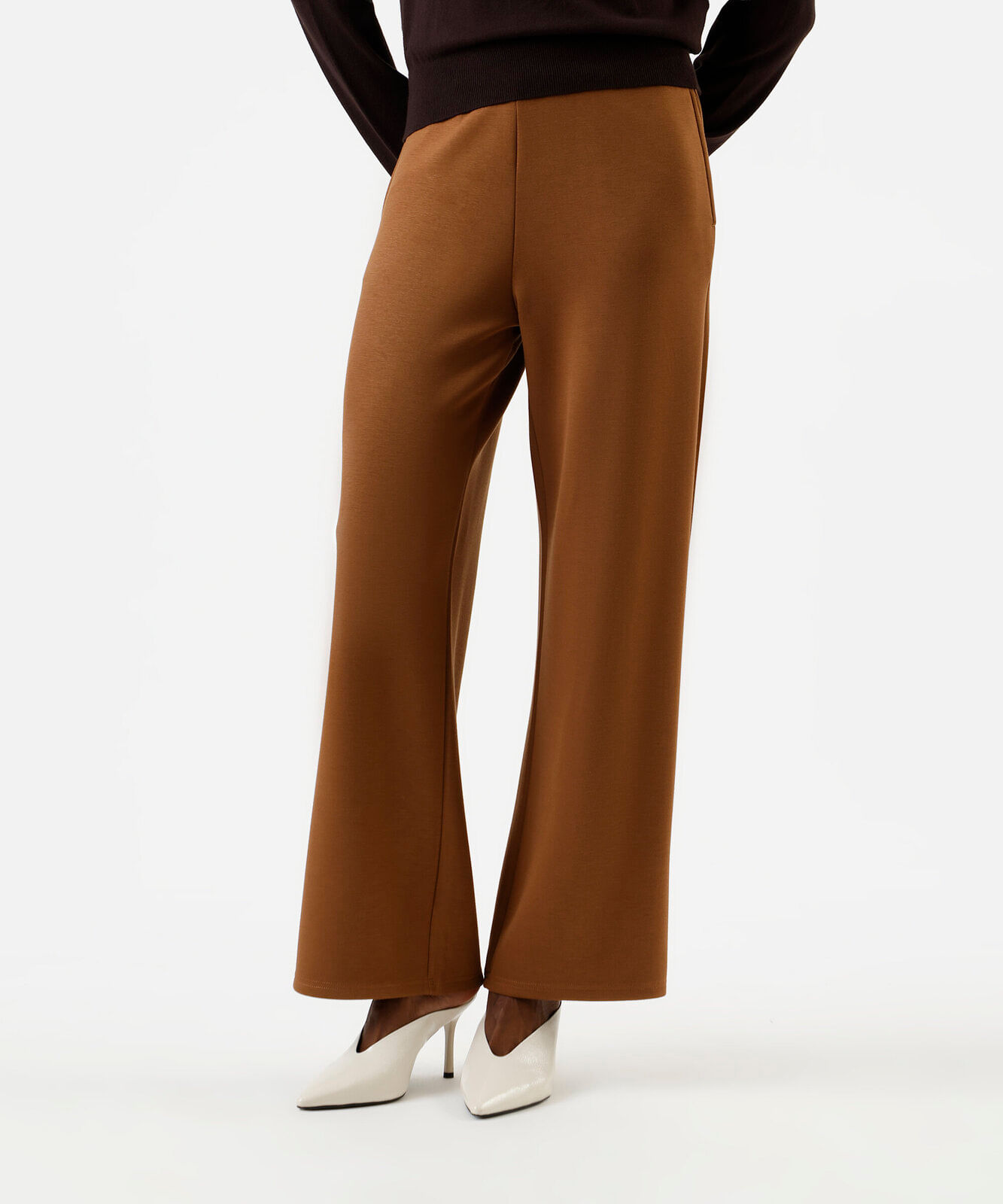 calça reta básica feminina cós elástico bege