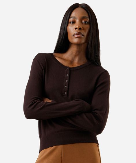 blusa feminina de tricot decote redondo  manga longa marrom