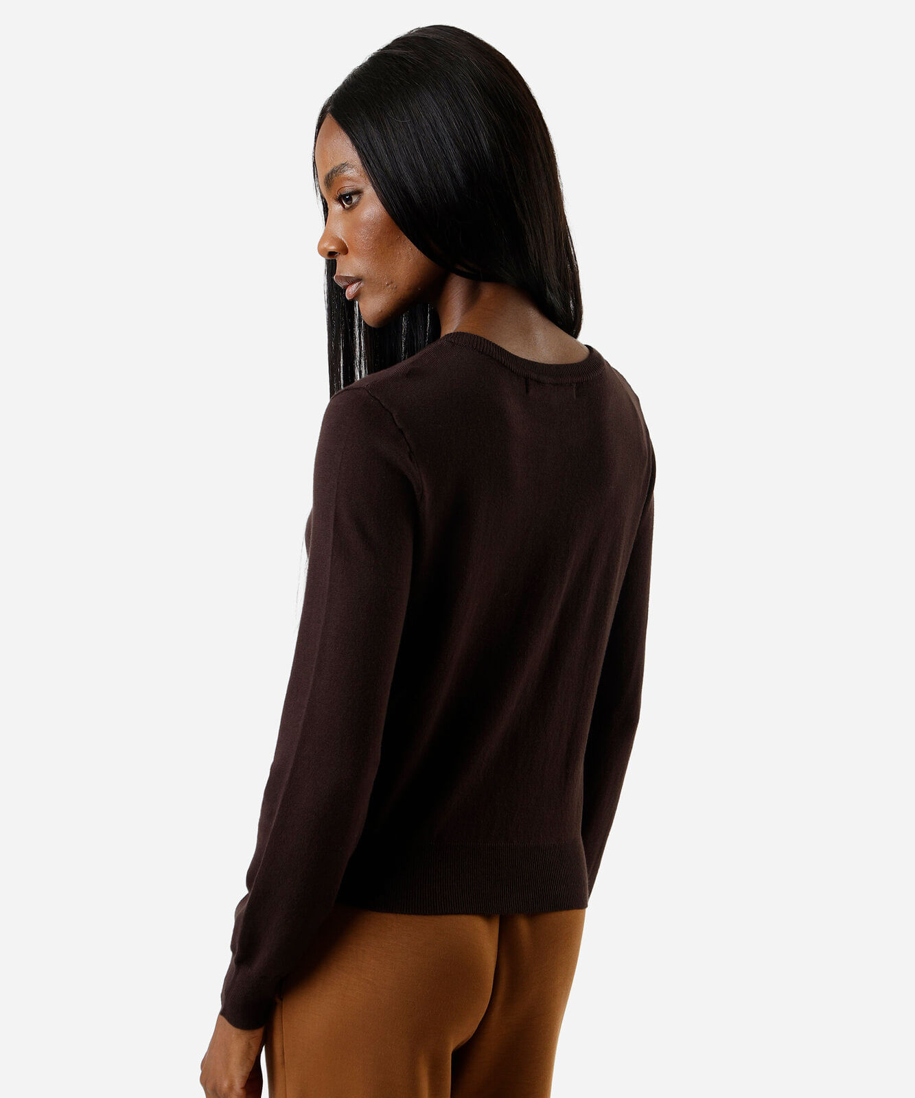blusa feminina de tricot decote redondo  manga longa marrom