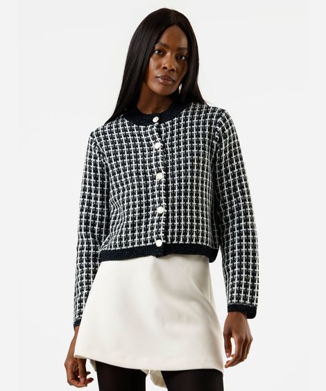 casaco feminino de tweed xadrez preto