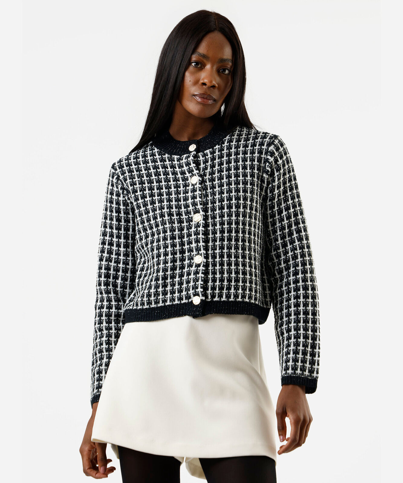 casaco feminino de tweed xadrez preto