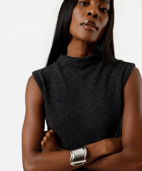 blusa feminina de tricot com fendas canelado cinza