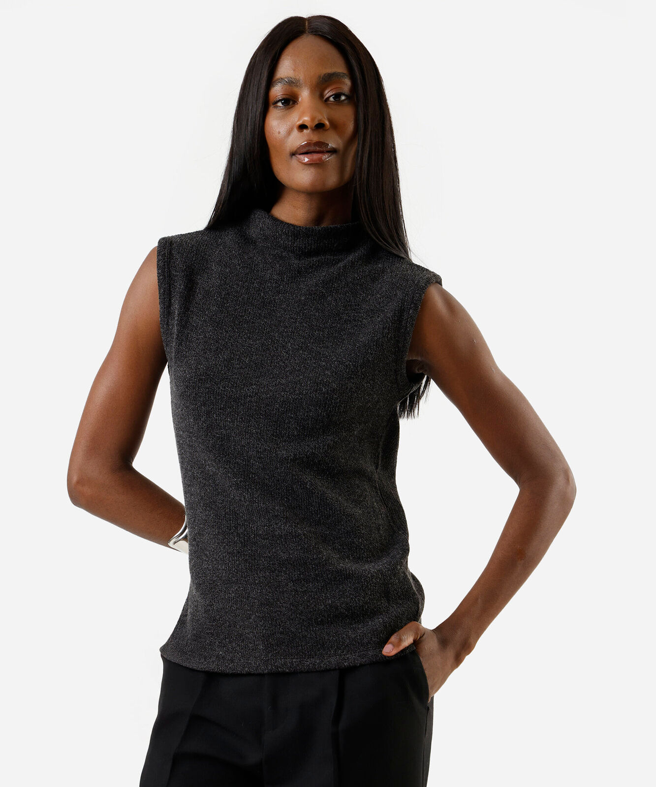 blusa feminina de tricot com fendas canelado cinza