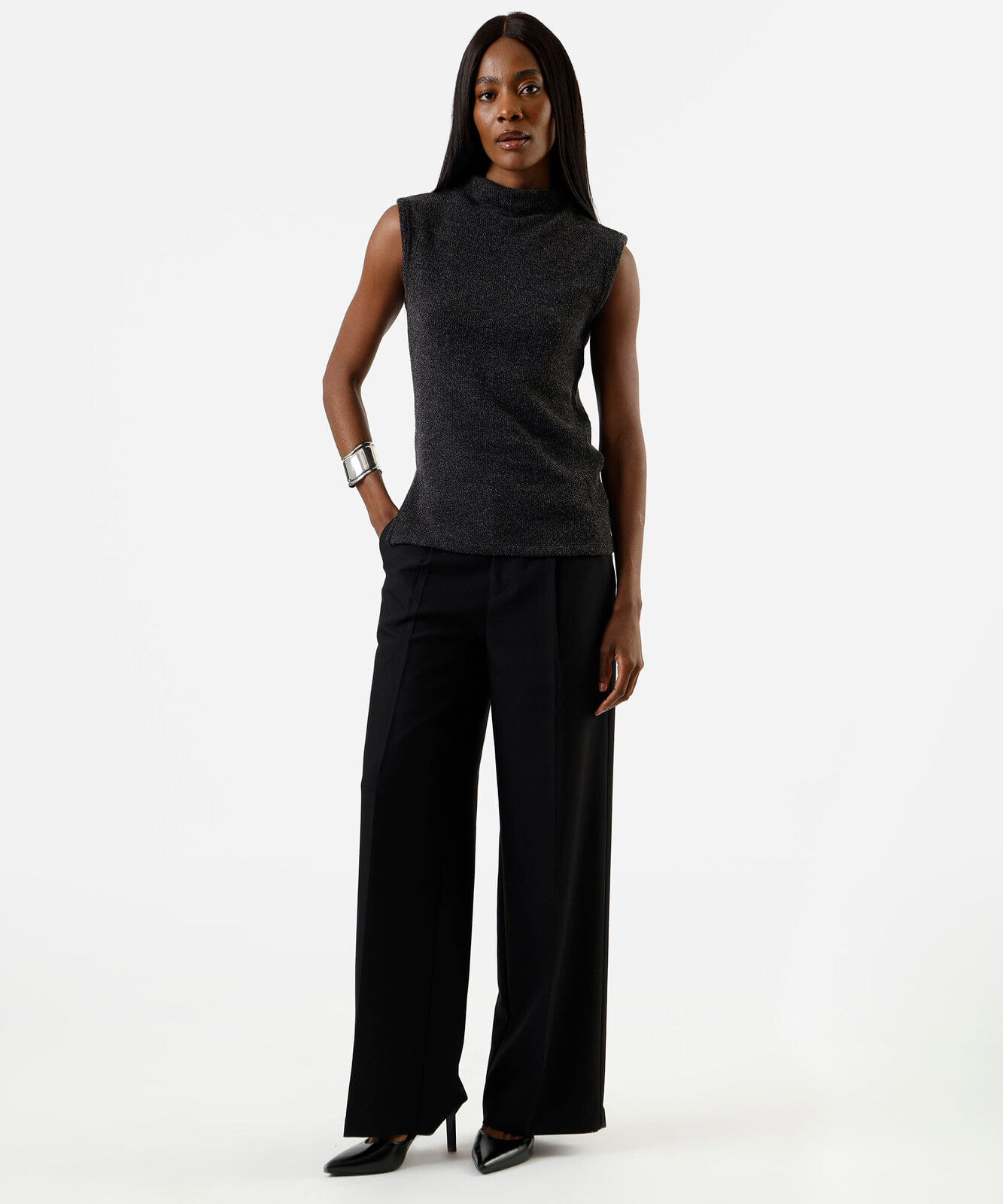 blusa feminina de tricot com fendas canelado cinza