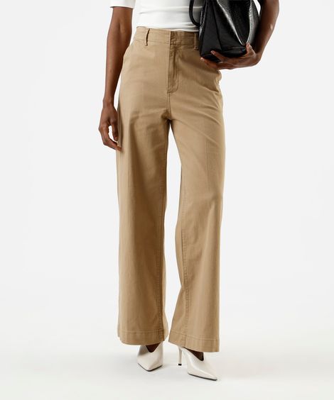 calça wide leg feminina de sarja cintura alta bege