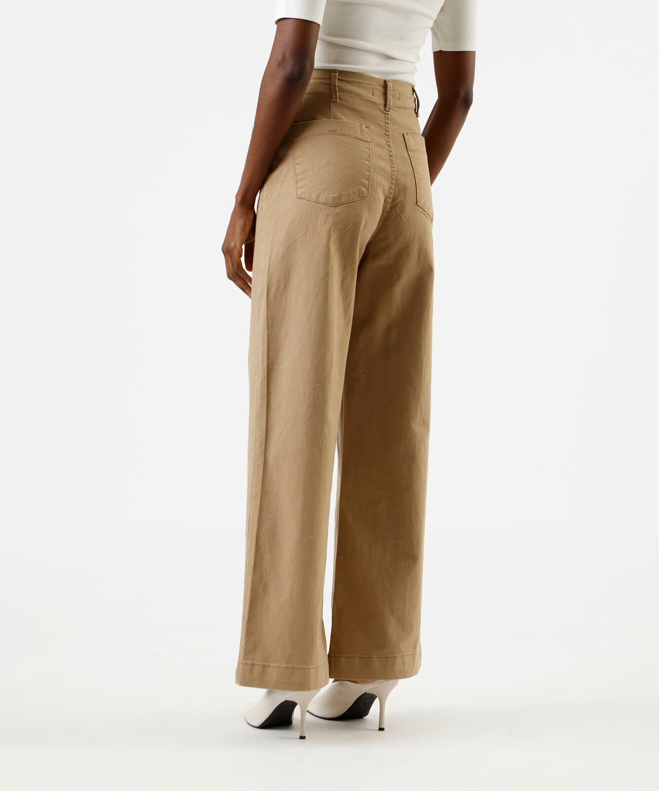 calça wide leg feminina de sarja cintura alta bege