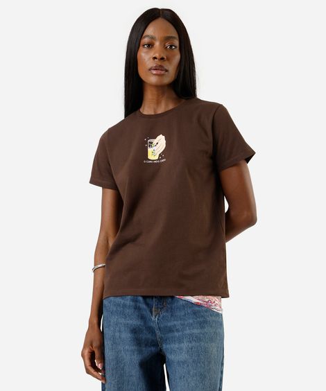 camiseta feminina de algodão manga curta estampada marrom
