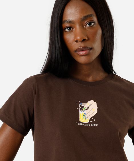 camiseta feminina de algodão manga curta estampada marrom