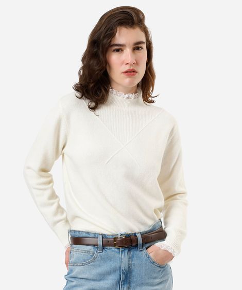 suéter feminino de tricot com renda off white