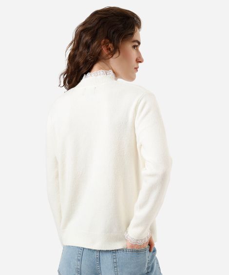 suéter feminino de tricot com renda off white