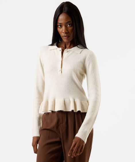 polo peplum feminina de tricot manga longa off white