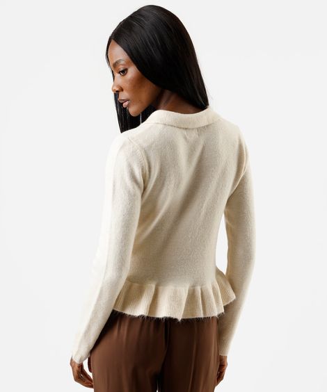 polo peplum feminina de tricot manga longa off white