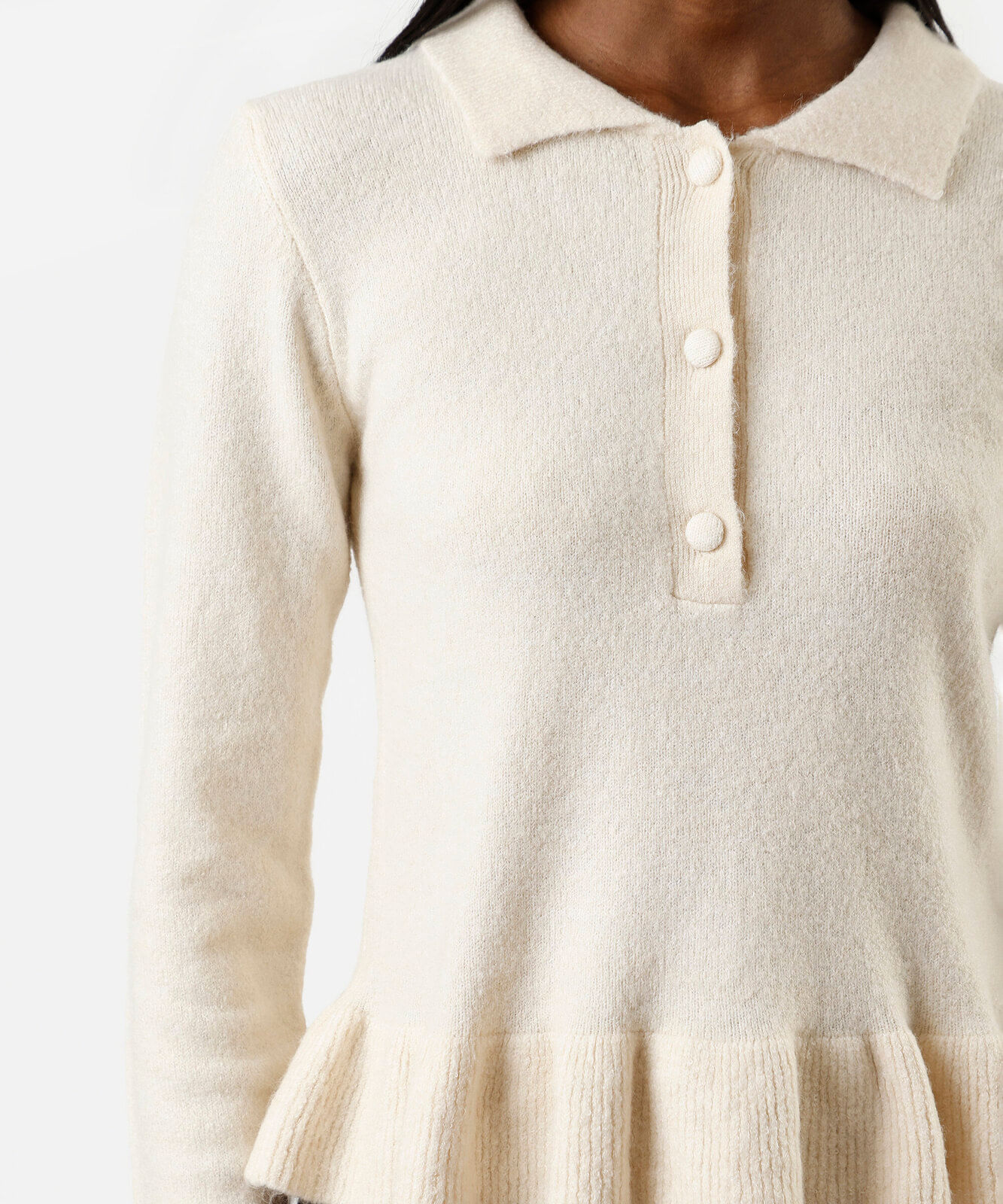 polo peplum feminina de tricot manga longa off white