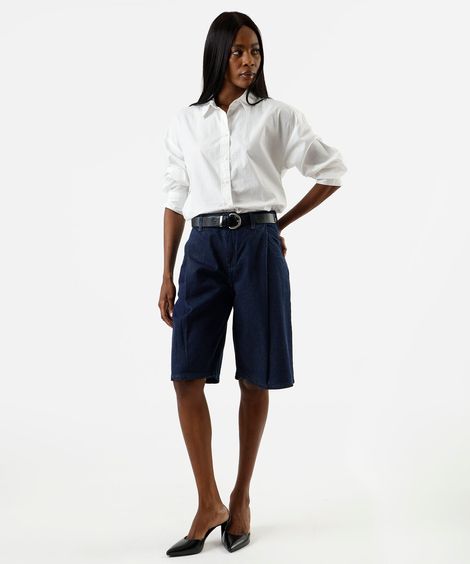 bermuda jorts feminina jeans com pregas cintura alta azul