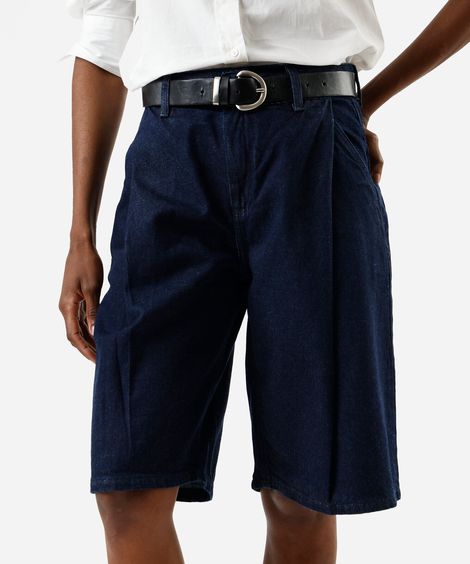 bermuda jorts feminina jeans com pregas cintura alta azul