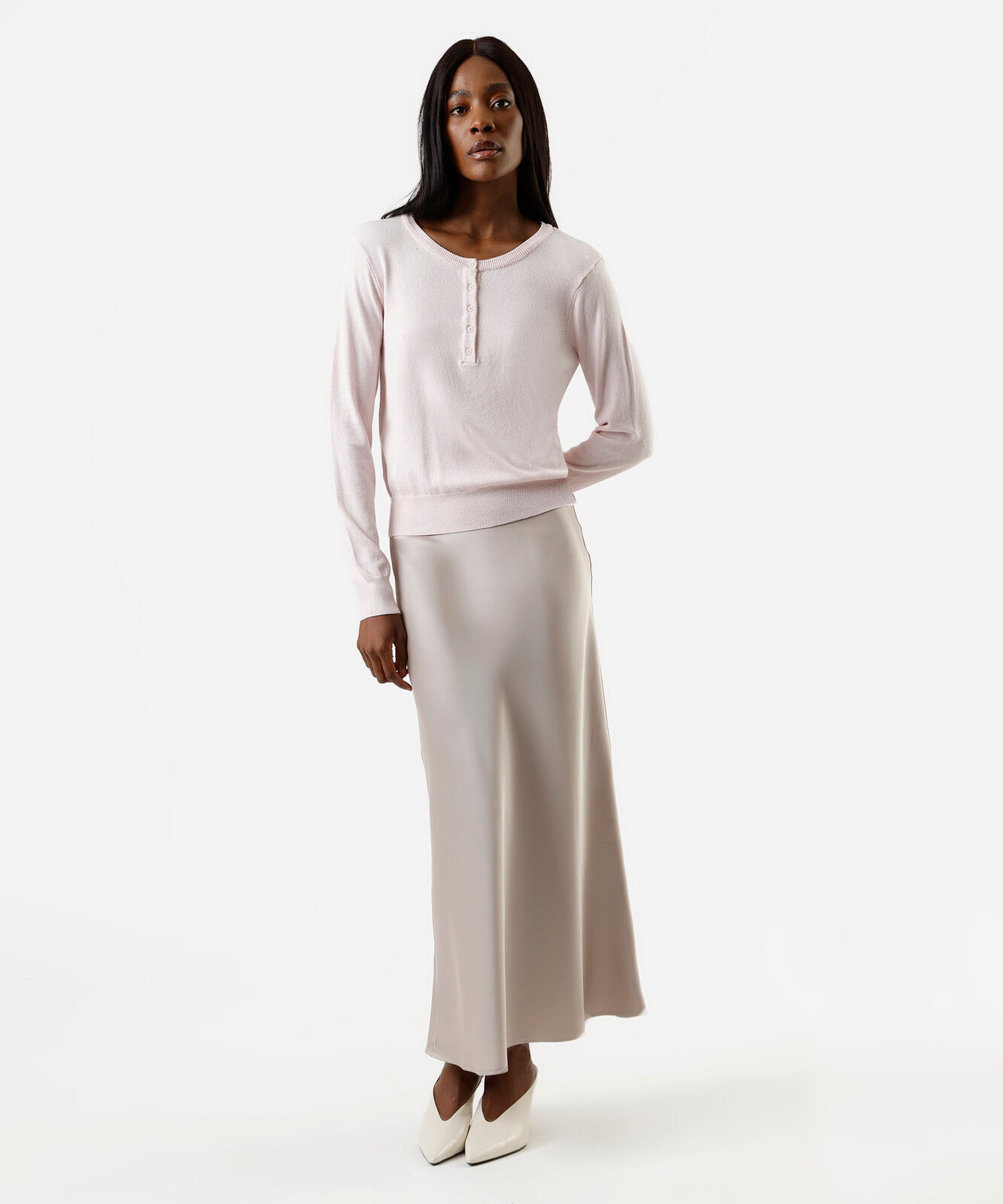 blusa feminina de tricot decote redondo  manga longa rosa