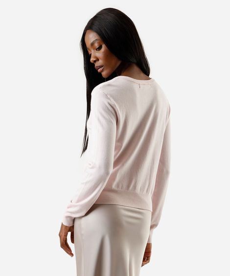 blusa feminina de tricot decote redondo  manga longa rosa