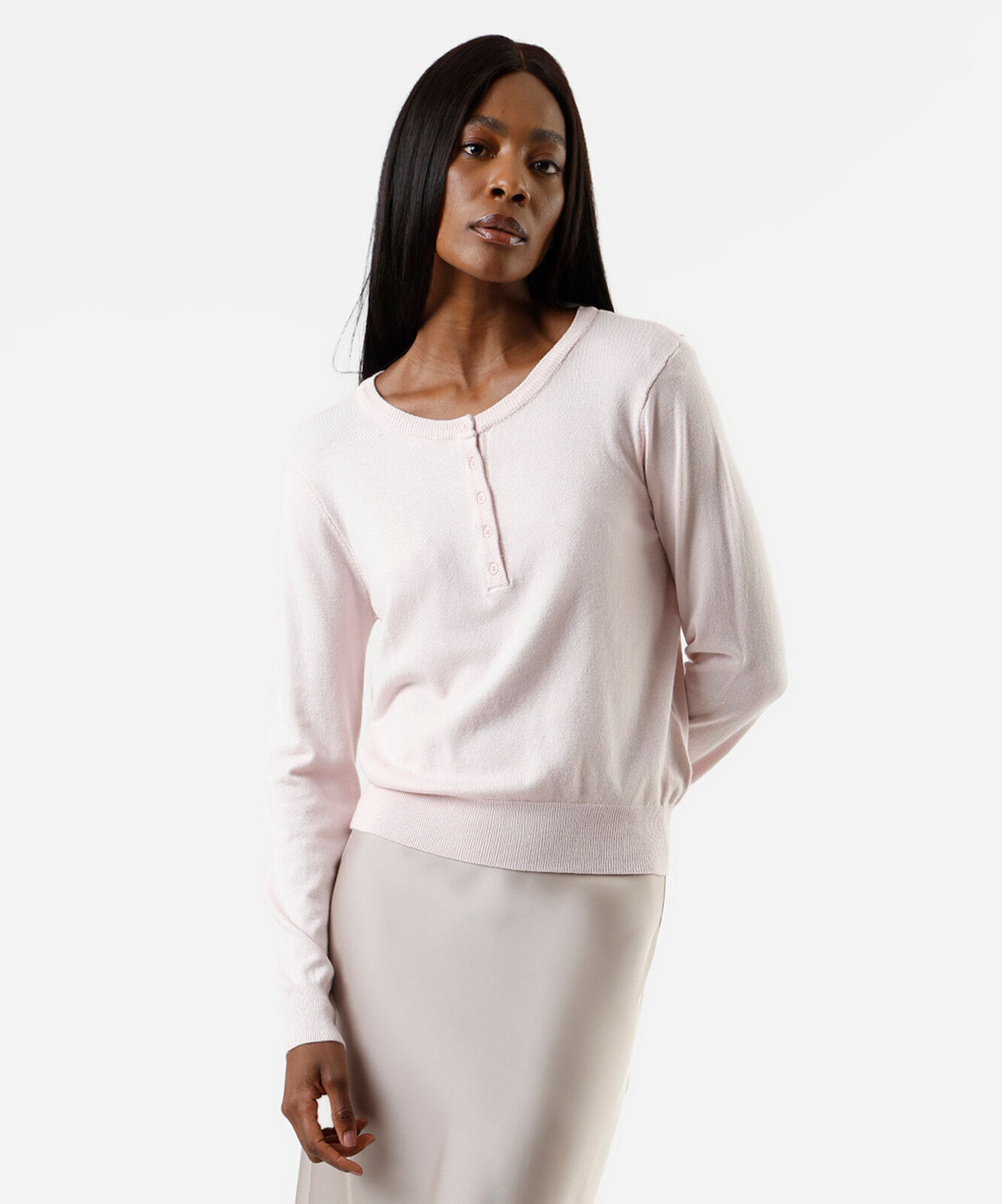 blusa feminina de tricot decote redondo  manga longa rosa