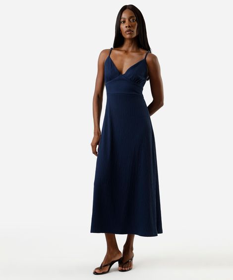 vestido midi alça fina feminino texturizado azul