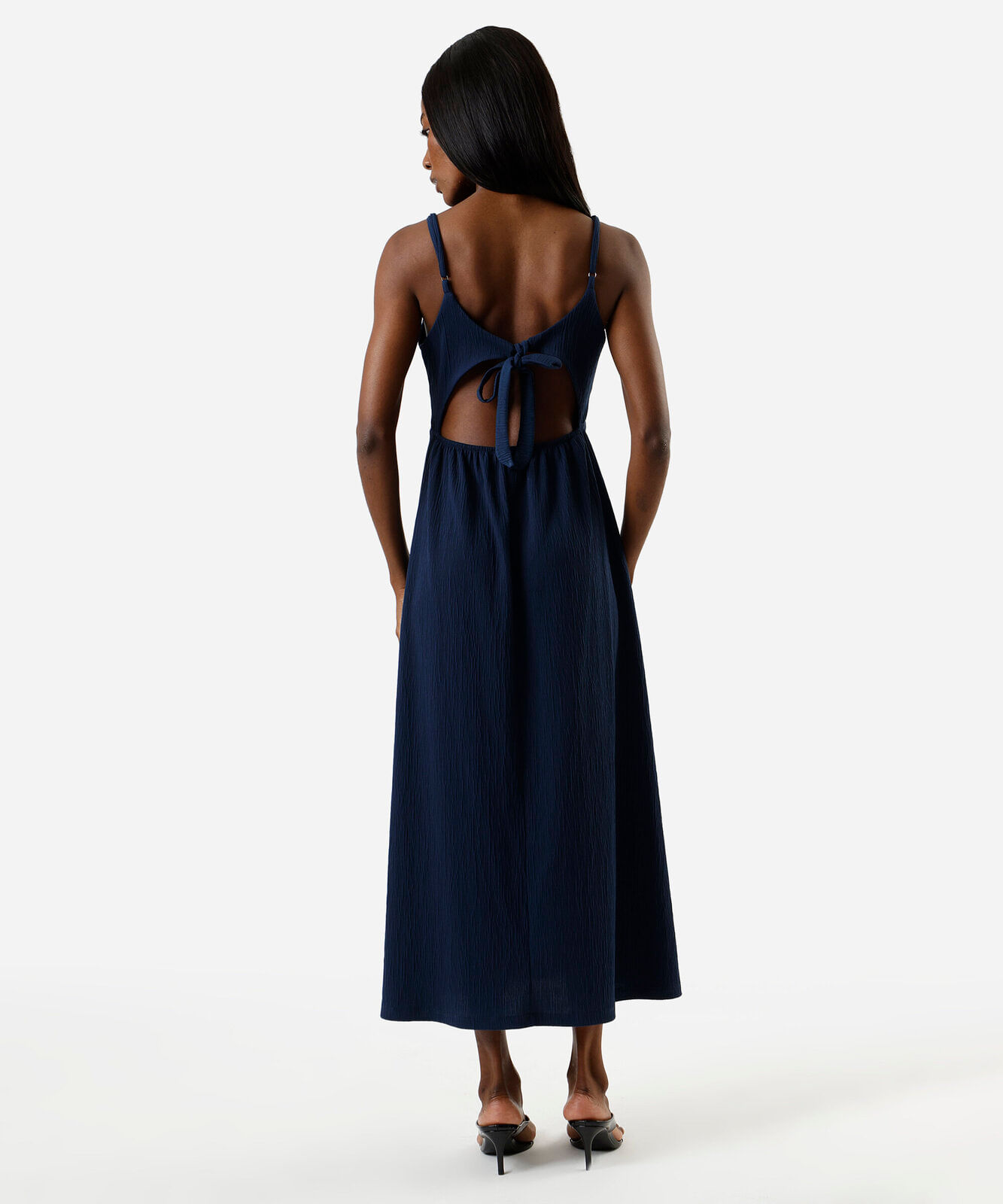 vestido midi alça fina feminino texturizado azul