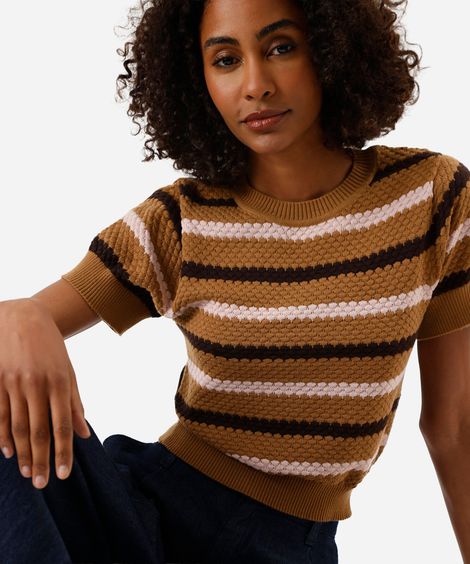 blusa feminina de tricot texturizada listrada marrom