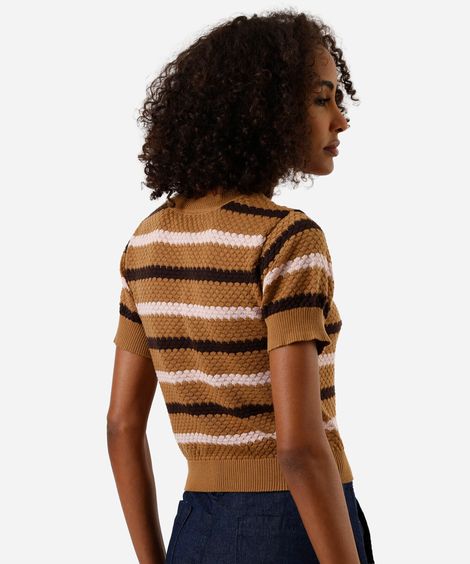 blusa feminina de tricot texturizada listrada marrom