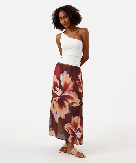 saia midi feminina cós elástico floral marrom