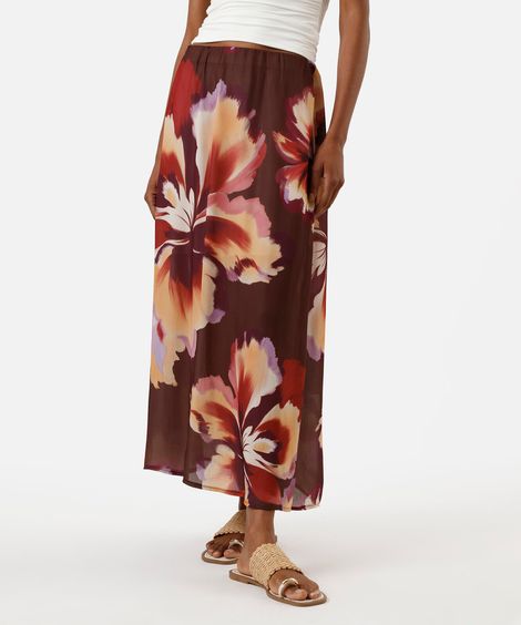 saia midi feminina cós elástico floral marrom