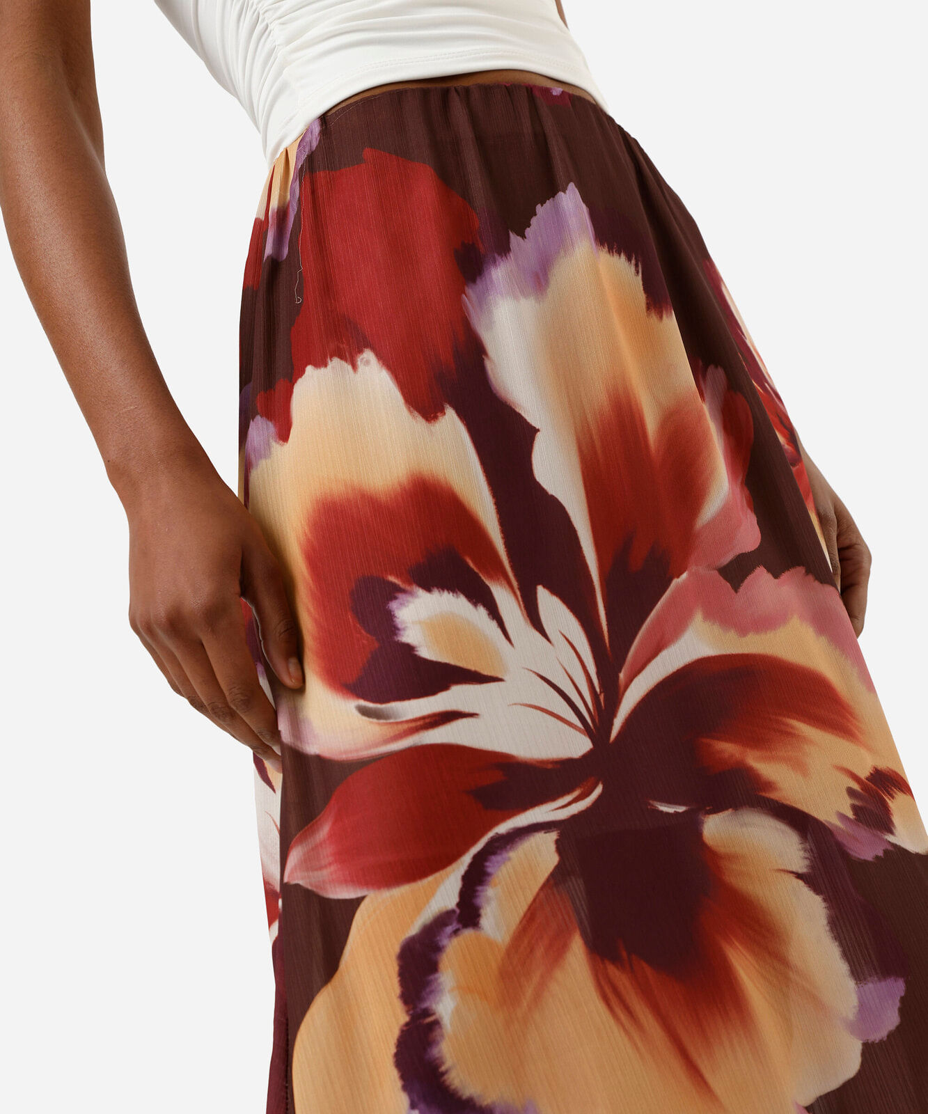 saia midi feminina cós elástico floral marrom