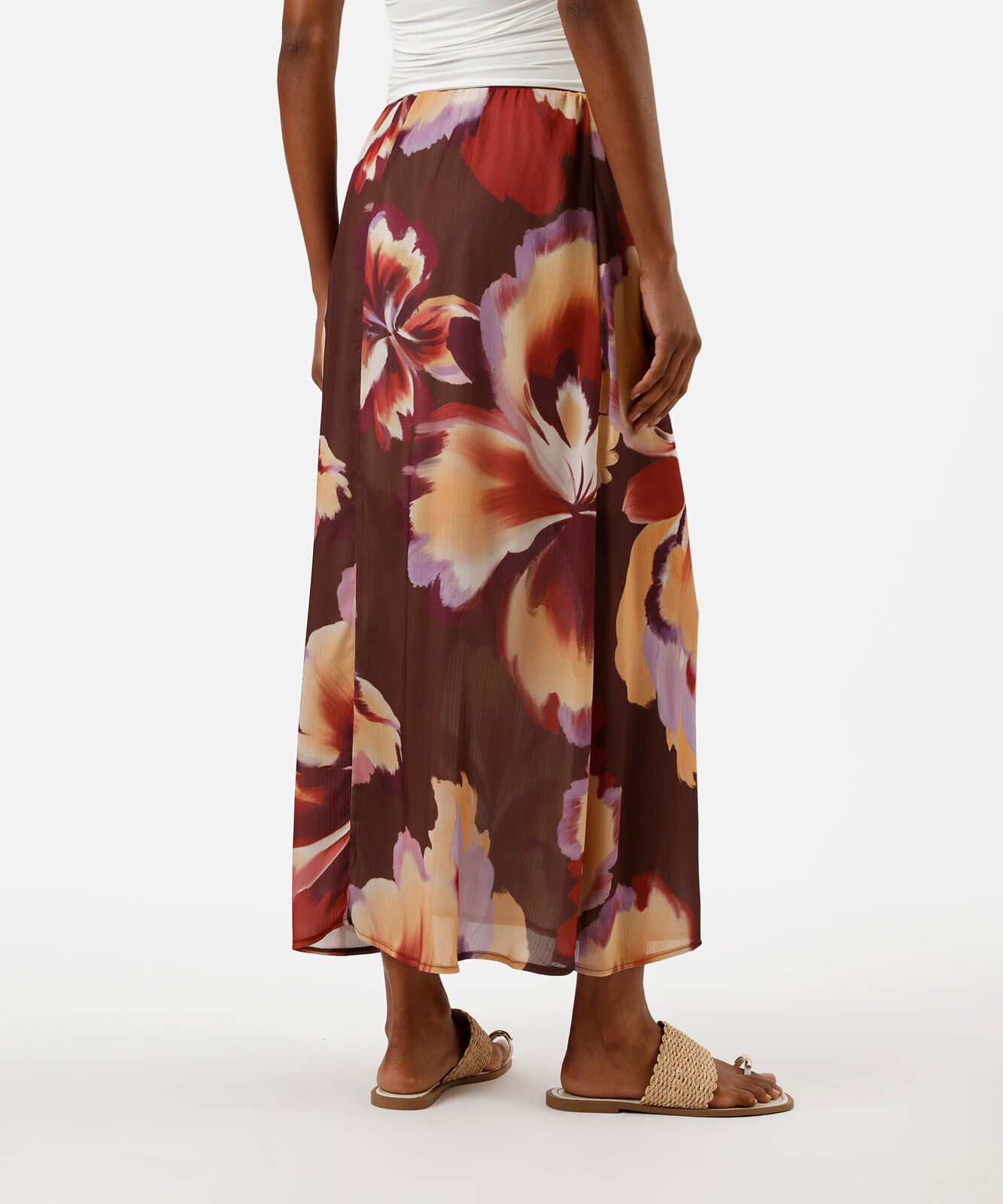 saia midi feminina cós elástico floral marrom