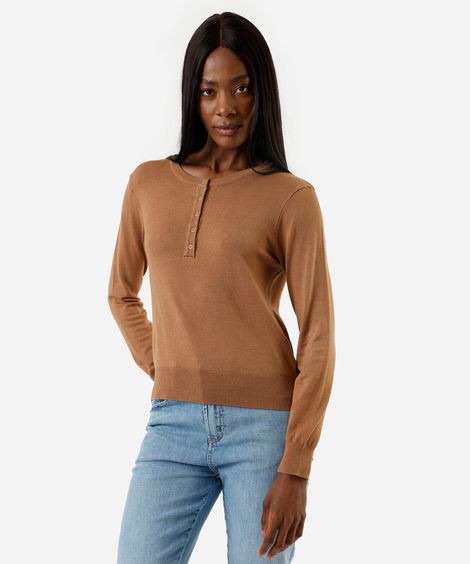 blusa feminina de tricot decote redondo  manga longa marrom