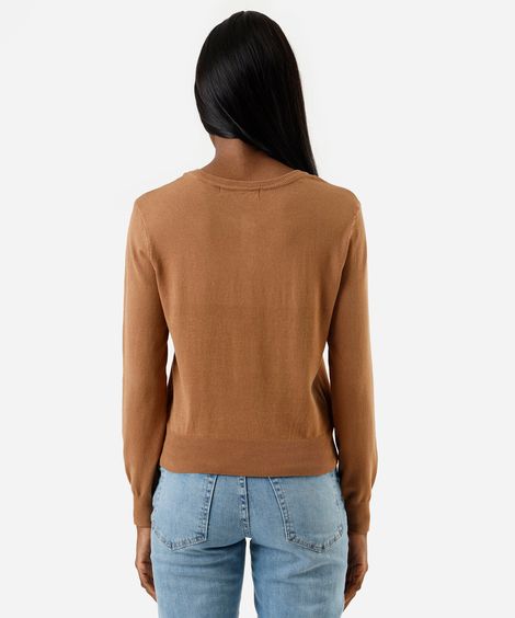 blusa feminina de tricot decote redondo  manga longa marrom